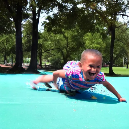 Image similar to kid going down chocolate pudding slip n slide head first, photo taken at the park