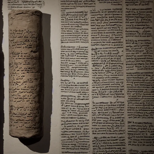 Image similar to a photo of a museum display showing a cylindrical clay holding a dead sea scroll with nabeatean writing, dark, brooding, atmospheric, volume lighting