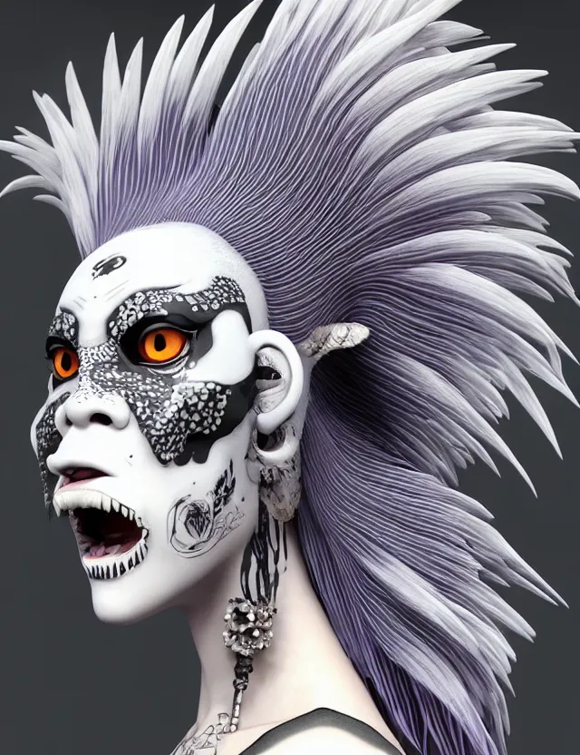 Image similar to 3 d goddess close - up profile simple portrait punk with mohawk with tiger skull. beautiful intricately detailed japanese crow kitsune mask and clasical japanese kimono. betta fish, jellyfish phoenix, bio luminescent, plasma, ice, water, wind, creature, artwork by tooth wu and wlop and beeple and greg rutkowski