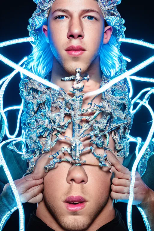 Image similar to hyper detailed ultra sharp portrait of baroque and bladerunner delicate neon diamond sculpture of seductive albino pharaoh nick jonas, sarcophagus blue iridescent humanoid deity wearing metallic hoody made out of hands holding the sun prismatic dungeon, glowing blue face, crown of white diamonds, cinematic lighting, photorealistic, octane render 8 k depth of field 3 d