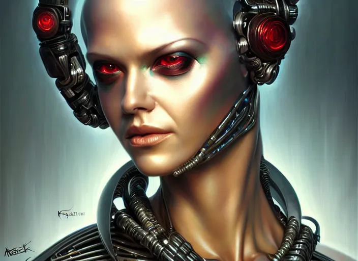 Image similar to portrait shot of a cyberpunk robot woman, intricate, elegant, highly detailed, centered, digital painting, artstation, concept art, smooth, sharp focus, illustration, artgerm, tomasz alen kopera, peter mohrbacher, donato giancola, joseph christian leyendecker, wlop, boris vallejo