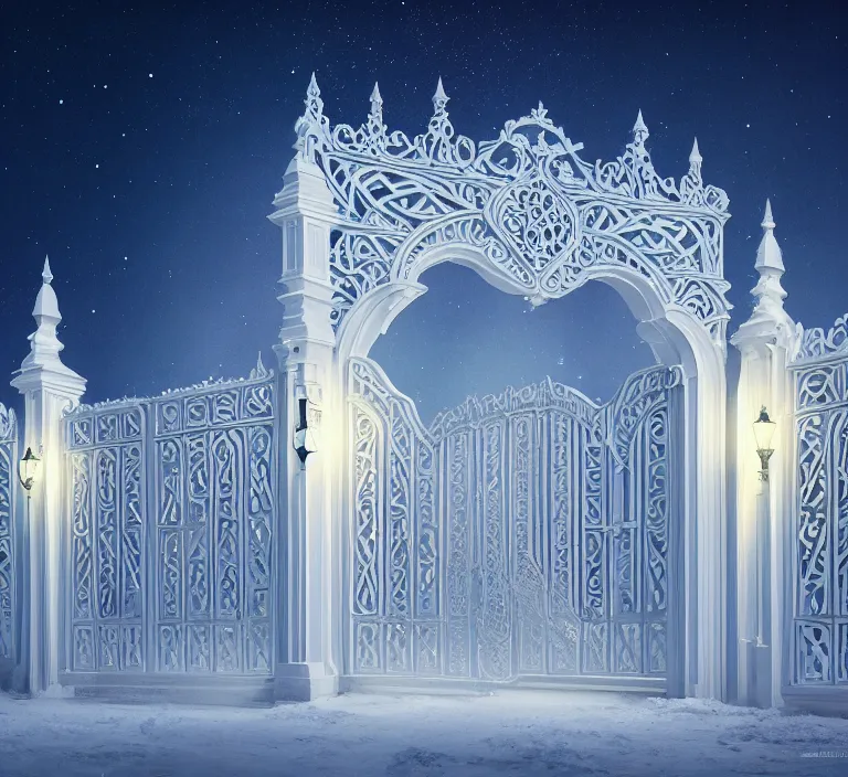 Image similar to a very detailed concept art of intricate and well designed white gates to aurora borealis infused with magic by wes anderson, dynamic lighting trending on artstation, symmetry, digital art, 4 k, hyper realistic, octane render, sharp focus