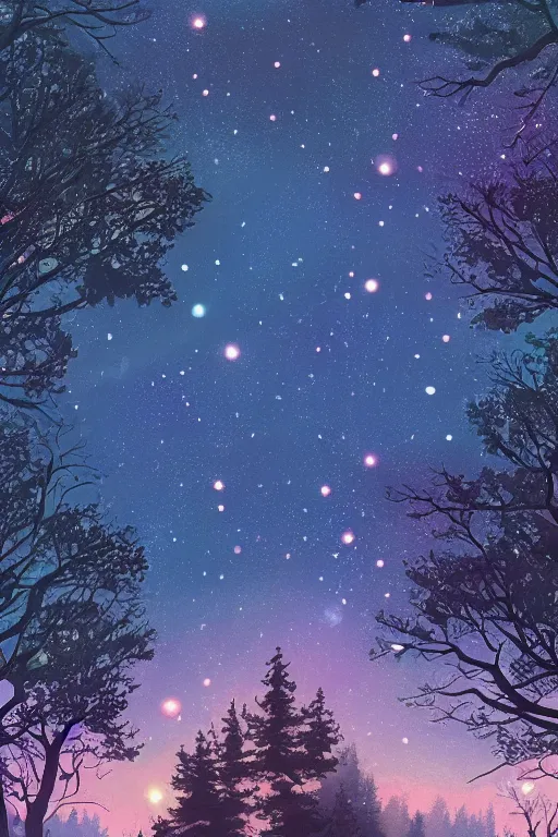 Prompt: beautiful trees and night sky with stars and galaxies, ornate detailed background, trending on artstation, by ilya kuvshinov, thomas kinkade