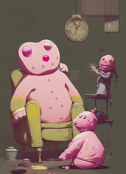 Image similar to mr blobby visiting his gran, by greg rutkowski, by greg, tocchini, by james gilleard, by joe fenton, by kaethe butcher, gradient yellow, pink, brown and white color scheme, grunge aesthetic!!! ( ( silly background ) )