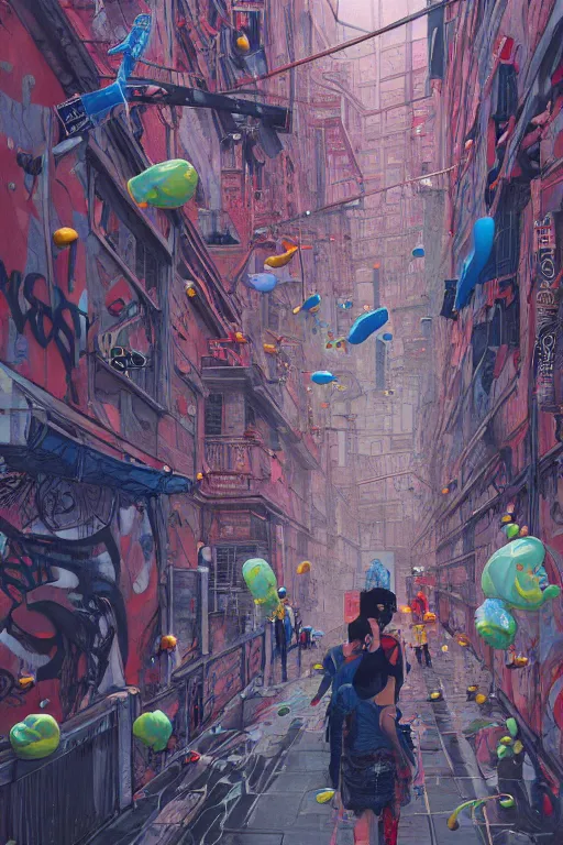 Image similar to people walking in a city covered with graffiti paint dripping down to the floor from the sky, professional illustration by james jean, painterly, yoshitaka Amano, hiroshi yoshida, moebius, loish, painterly, and artgerm, illustration