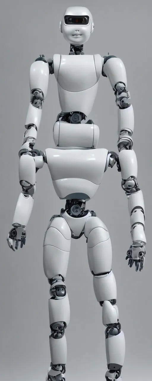 Image similar to standing in front of a white background is a highly realistic and detailed humanoid robot in human body form