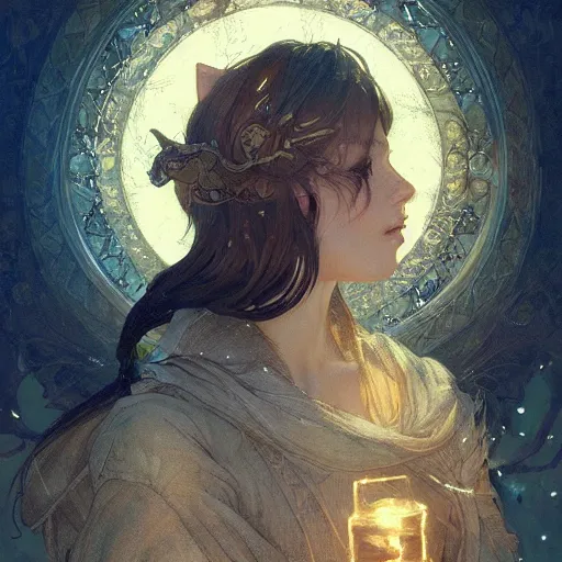 Image similar to A beautiful glowing holy cat, D&D, fantasy, intricate, cinematic lighting, highly detailed, digital painting, artstation, concept art, smooth, sharp focus, illustration, art by Akihiko Yoshida, Greg Rutkowski and Alphonse Mucha