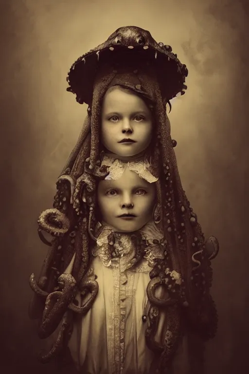 Image similar to wet plate photograph portrait of child with an octopus head, dressed in a victorian - era clothing, dramatic lighting, highly detailed, digital painting, artstation, concept art, smooth, sharp focus, illustration, art by wlop, mars ravelo and greg rutkowski