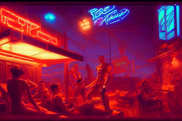 Prompt: synthwave, robotic arm, neon lights, cool tint, painting by gaston bussiere, craig mullins, j. c. leyendecker, tom of finland