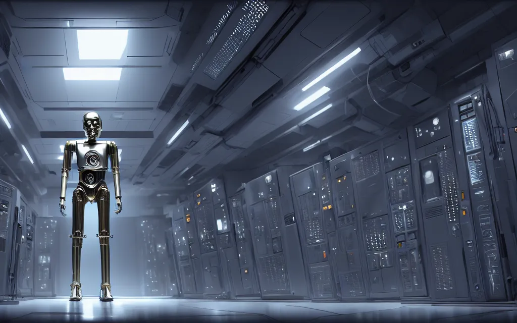 Prompt: silver c - 3 po robot from star wars in a data center room, silver, grey, concept art, cyberpunk, game art, high detail, 4 k, by makoto shinkai