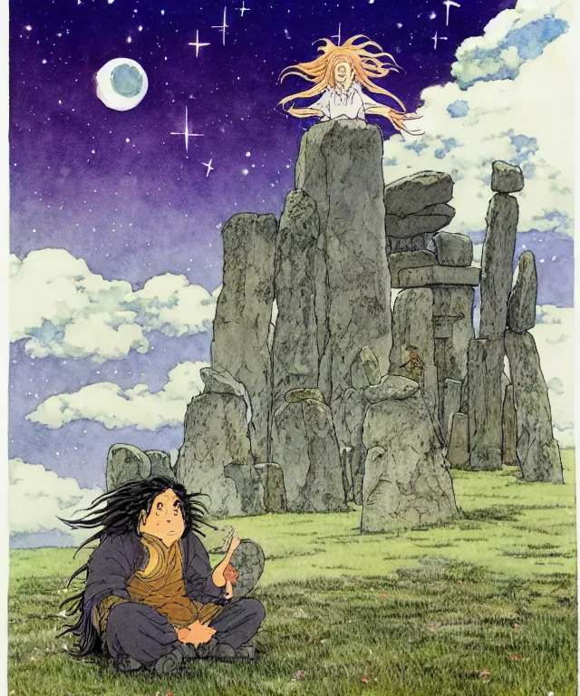 Image similar to a hyperrealist studio ghibli watercolor fantasy concept art. in the foreground is a giant long haired grey warlock sitting in lotus position on top of stonehenge with shooting stars all over the sky in the background. by rebecca guay, michael kaluta, charles vess