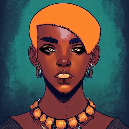 Image similar to Portrait design of afropunk urban character in a street, medium shot, asymmetrical, 3/4 profile picture, painting by Alberto Mielgo and Laurie Greasley and Lois van Baarle, trending on artstation,