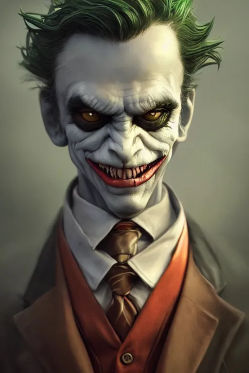 Prompt: cute adorable miniature Joker but he's an ape kid in a business suit, realistic and ultra intricate detailed soft painting, volumetric lighting, mist, Artstation, Tom Bagshaw Yasushi Nirasawa Moebius artstyle, unreal render, depth of field