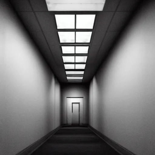 Prompt: the eerie halls of the scp foundation, unnerving mist, creatures lurking everywhere, frightening, liminal
