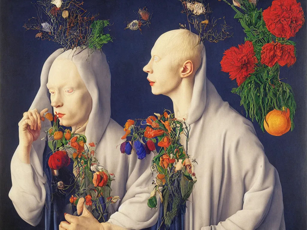 Image similar to Portrait of albino mystic painter with blue eyes, with beautiful exotic melancholy wilted flower. Painting by Jan van Eyck, Audubon, Rene Magritte, Agnes Pelton, Max Ernst, Walton Ford