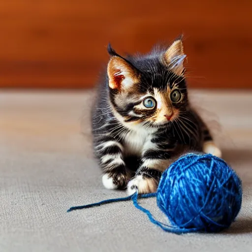 Prompt: small tortoiseshell colored kitten playing with a ball of yarn, sun rays, hardwood floor