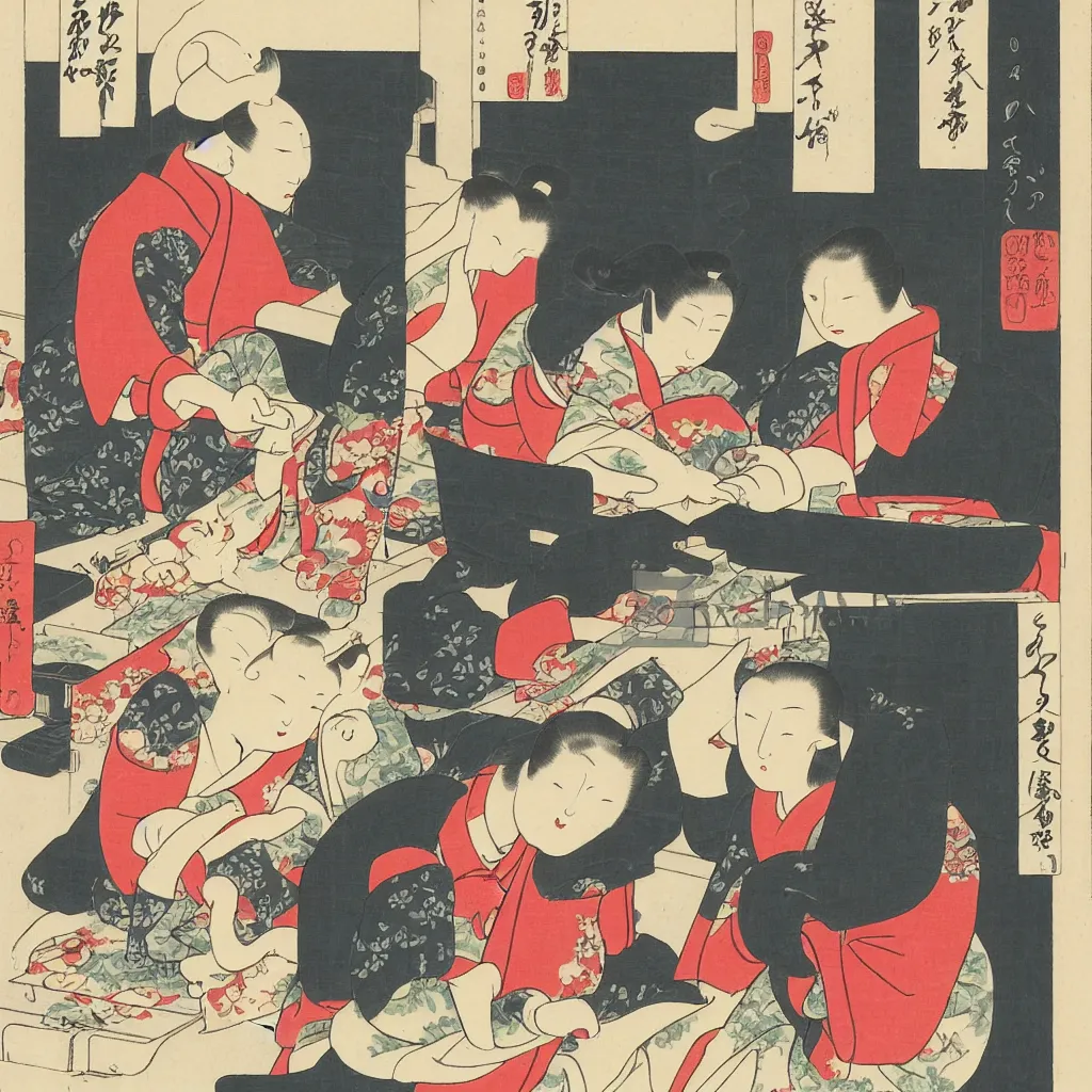 Prompt: Ukiyo-e style picture of two sisters making candles in the balcony. A small white dog is sitting besides them. Highly Detailed. Happy. Joyous. Satisfying. Celestial.