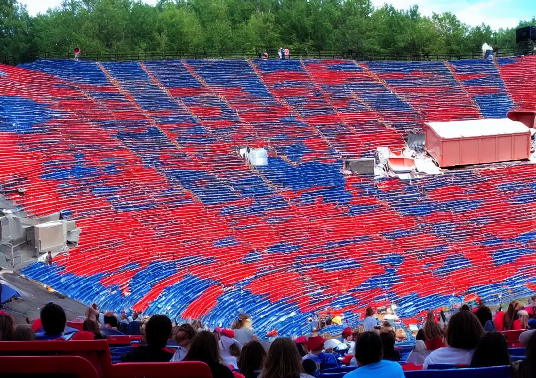 Image similar to Large amphitheater full of people watching a dumpster with a fire inside of it on the stage. Red white and blue themed.