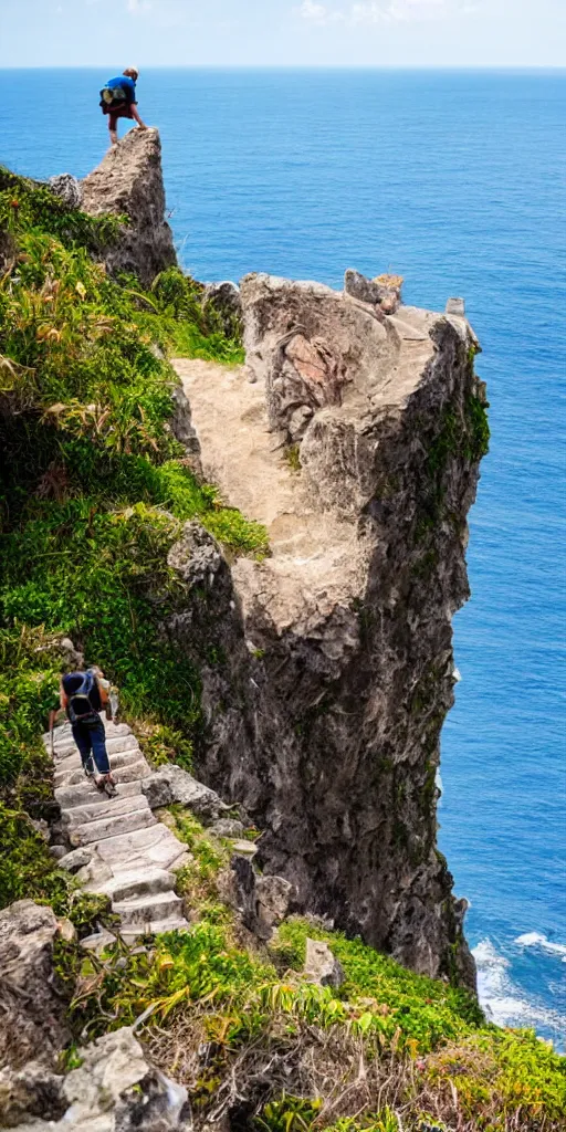 Prompt: a man climbing steep stairs toward a beautiful storybook castle on a high cliff overlooking the ocean