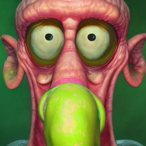 Image similar to photorealistic scared squidward. hyperdetailed photorealism, 1 0 8 megapixels, amazing depth, glowing rich colors, powerful imagery, psychedelic overtones, 3 d finalrender, 3 d shading, cinematic lighting, artstation concept art