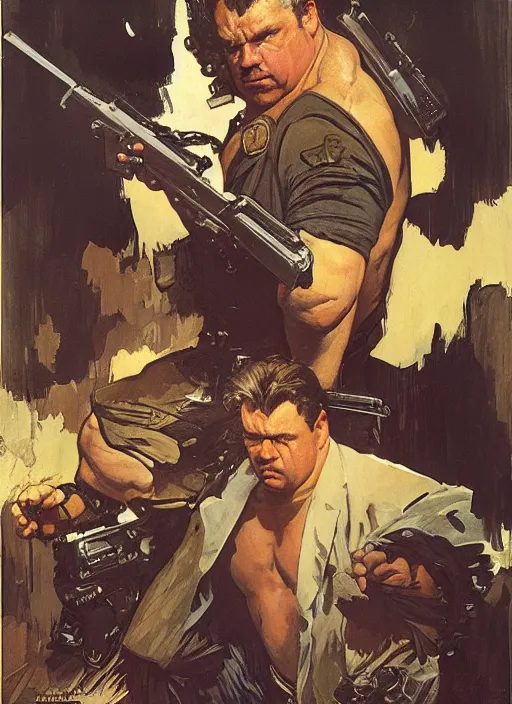 Image similar to gk chesterton as a buff action hero with muscles and a shotgun. portrait by james gurney craig mullins and alphonso mucha. realistic face. expressive.