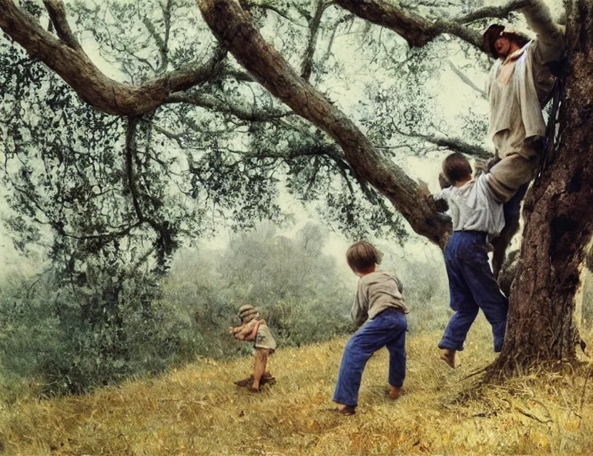 Prompt: two peasant boys climbing a tree, country style, Low angle view, Cottage core, Cinematic focus, Polaroid photo, vintage, neutral colors, soft lights, foggy, by Steve Hanks, by Serov Valentin, by lisa yuskavage, by Andrei Tarkovsky, by Terrence Malick, 8k render, detailed, oil on canvas High angle view, wide shot