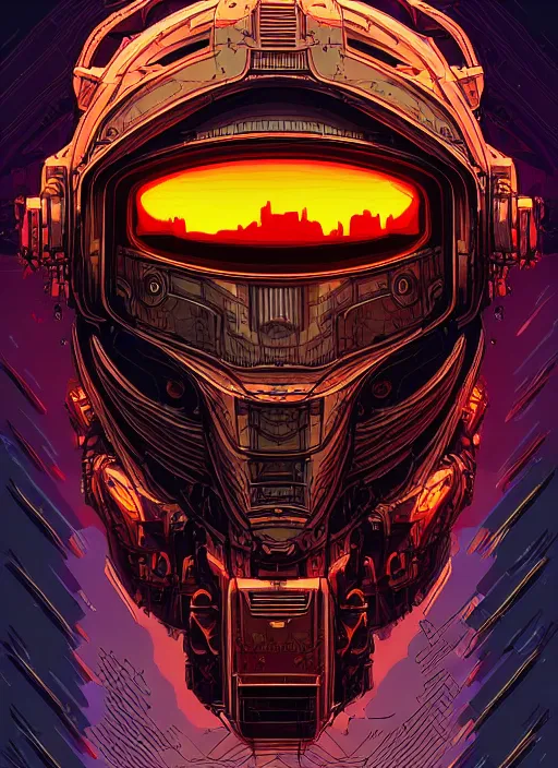 Image similar to a lion cyborg helmet by dan mumford, cyberpunk city abandoned, center frame singular high fantasy character concept art symmetrical features, digital painting, sharp focus, illustration