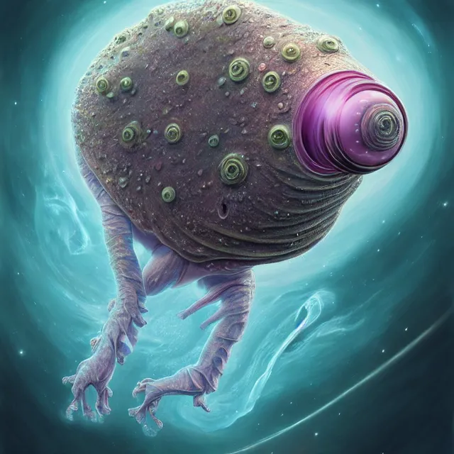 Image similar to a highly detailed tardigrade, it has a beautiful unconventional face, floating through deep space, elegant, hyperrealistic, digital painting, artstation, realism, concept art, pop, smooth, mythological, sharp focus, qualia, illustration, art by mark ryden 3 d 8 k ultra detailed