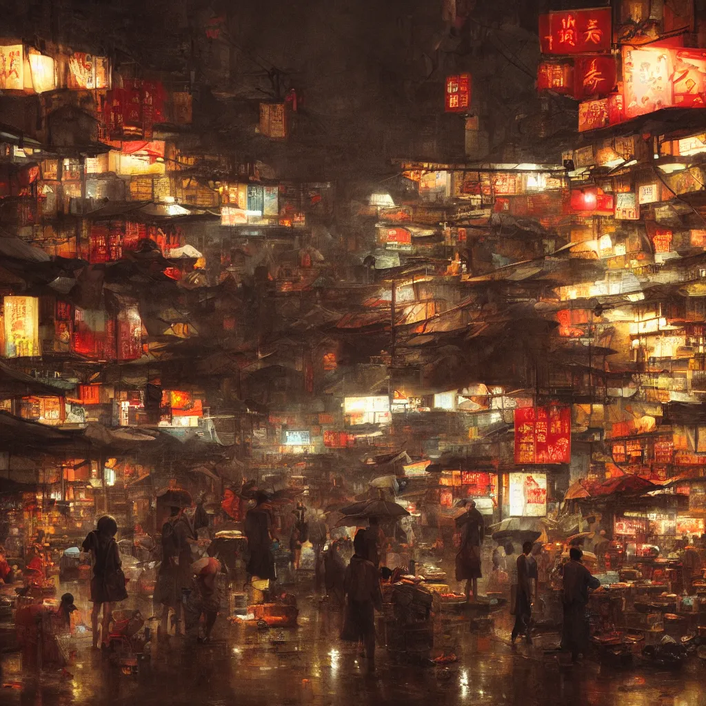 Image similar to an asian wet market at night, by greg rutkowski, cinematic lighting