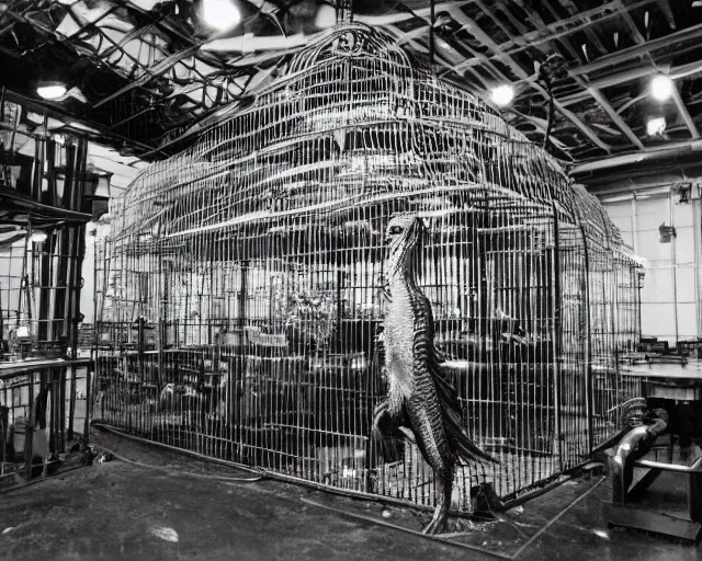 Image similar to scientists studying quetzalcoatl locked in a cage in a warehouse, 1 9 5 0's sci - fi, black and white, 8 k, highly ornate intricate details, extreme detail,