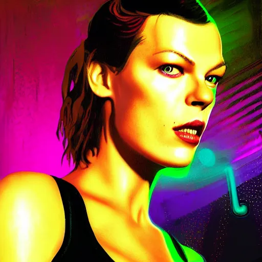 Prompt: milla jovovich as leeloo portrait in the foreground of digital art scifi sharp neon city