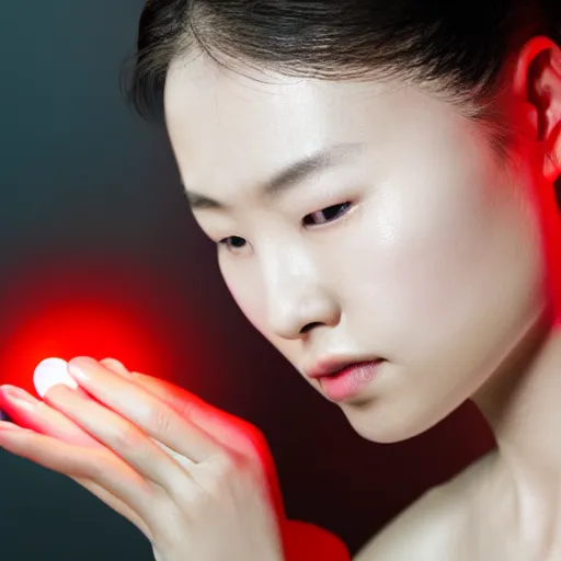 Image similar to a close up shot of a young woman holding her face which is illuminated by red light by kang, hyung koo, callas sigma 8 5 mm f / 1. 4.