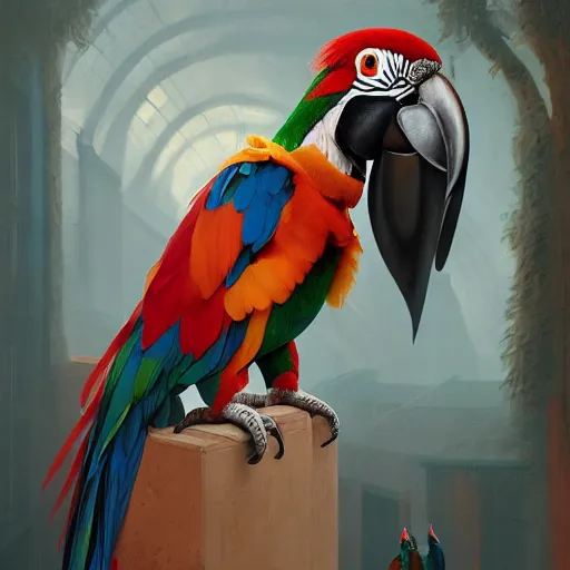 Image similar to anthropomorphic fashion vogue Macaw parrot man man wearing a parrot costume wearing a tuxedo ripped physique christopher lovell gerald brom bastien grivet greg rutkowski portrait