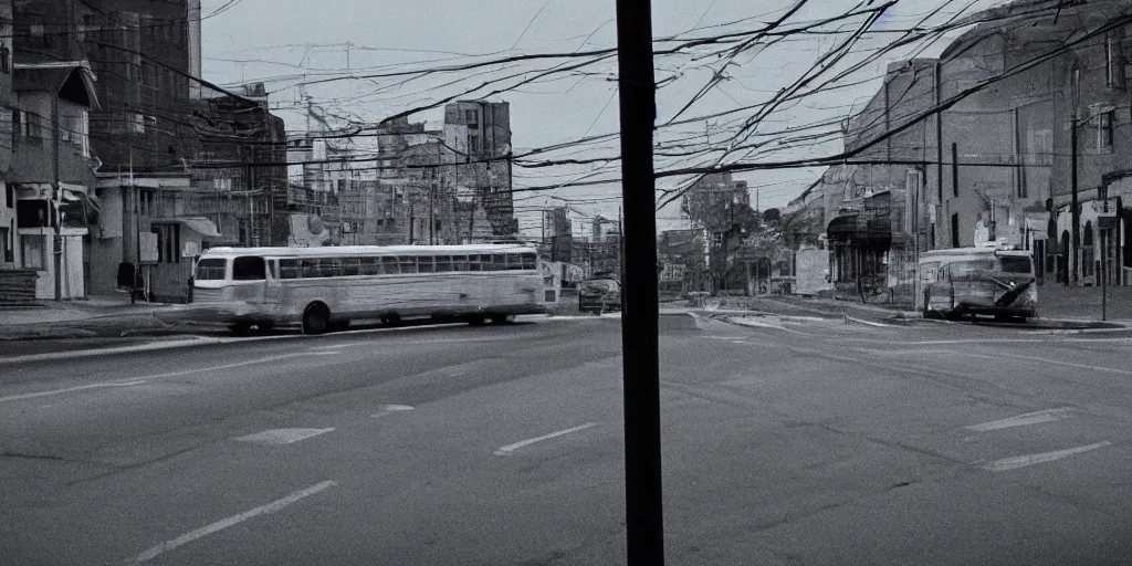 Image similar to telephone wires out of a bus window, leica, 2 4 mm lens, cinematic screenshot from the 2 0 0 1 surrealist film directed by charlie kaufman, kodak color film stock, f / 2 2, 2 4 mm wide angle anamorphic