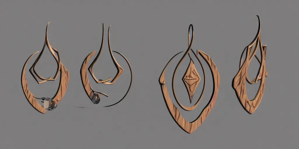 Image similar to earring design, jewelry design, wood, nordic, art deco, intricate, elegant, material, product design, trending on artstation, cgsociety, photo realistic, design by ziva cph and isabel lennse and kalevala, 8 k, unreal engine, c 4 d