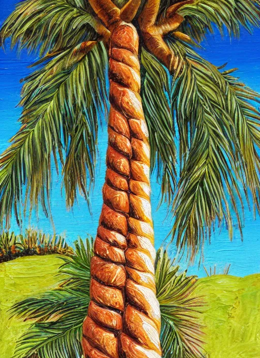 Image similar to baguettes grow on a palm tree, intricately detailed acrylic painting