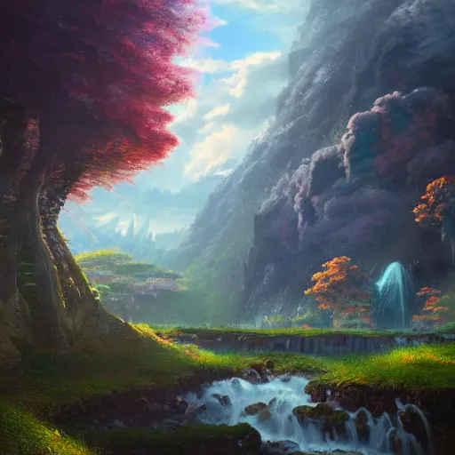 Image similar to a beautiful painting of a fantasy landscape by Tokio Aoyama, Mario Martinez, David Normal. photorealistic, trending on artstation, dramatic lighting, 8K, fantasy beautiful, surreal, cinematic.