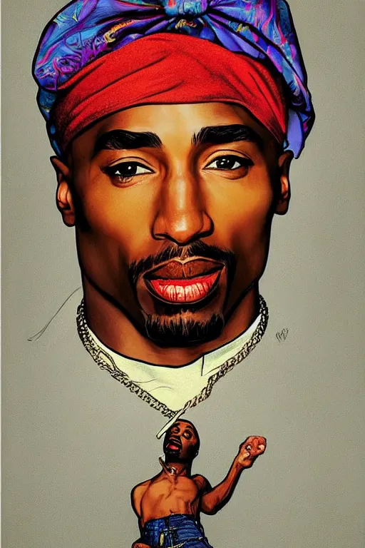 Prompt: Tupac, illustrated in whimsical style, Illustration by Norman Rockwell, Kehinde Wiley!!, artgerm, loish, oil painting,