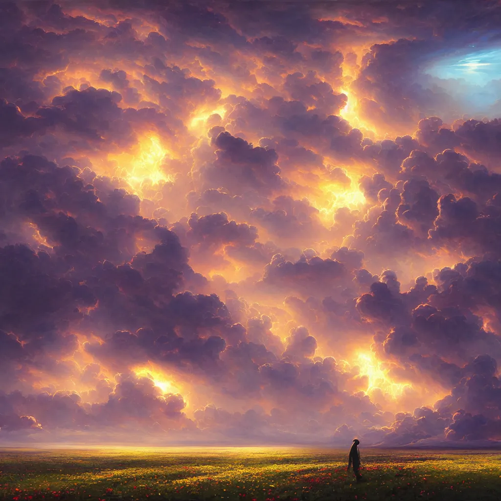 Prompt: a sending down [ of the revelation ] from him who created the earth and the lofty heavens, tornado of flowers, overdetailed art, by greg rutkowski, by rhads, sharp focus