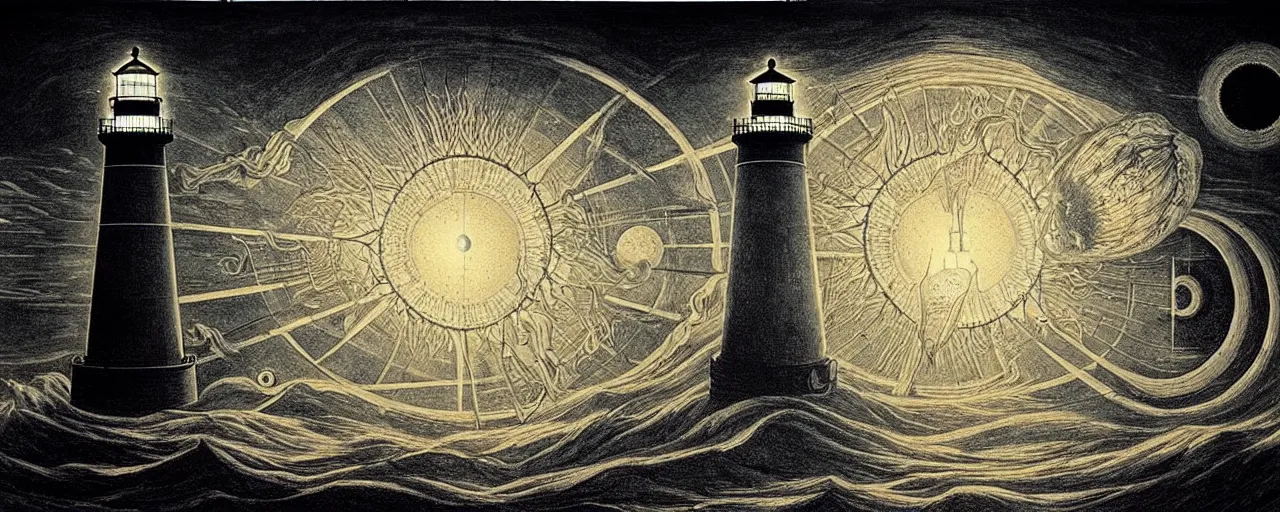 Image similar to an epic lighthouse radiates a unique canto'as above so below'while being ignited by the spirit of haeckel and robert fludd, breakthrough is iminent, glory be to the magic within, in honor of saturn, painted by ronny khalil