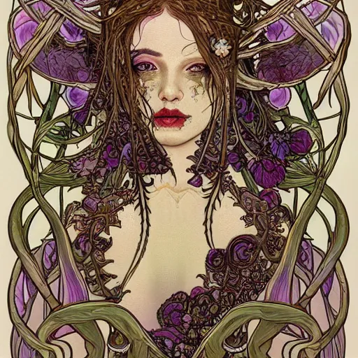 Image similar to a beautiful detailed front view portrait of a rotten woman corpse with fractal plants and fractal flowers and mushrooms growing around, symmetrical, ornate, ornamentation, illustration, in the style of art nouveau, mucha