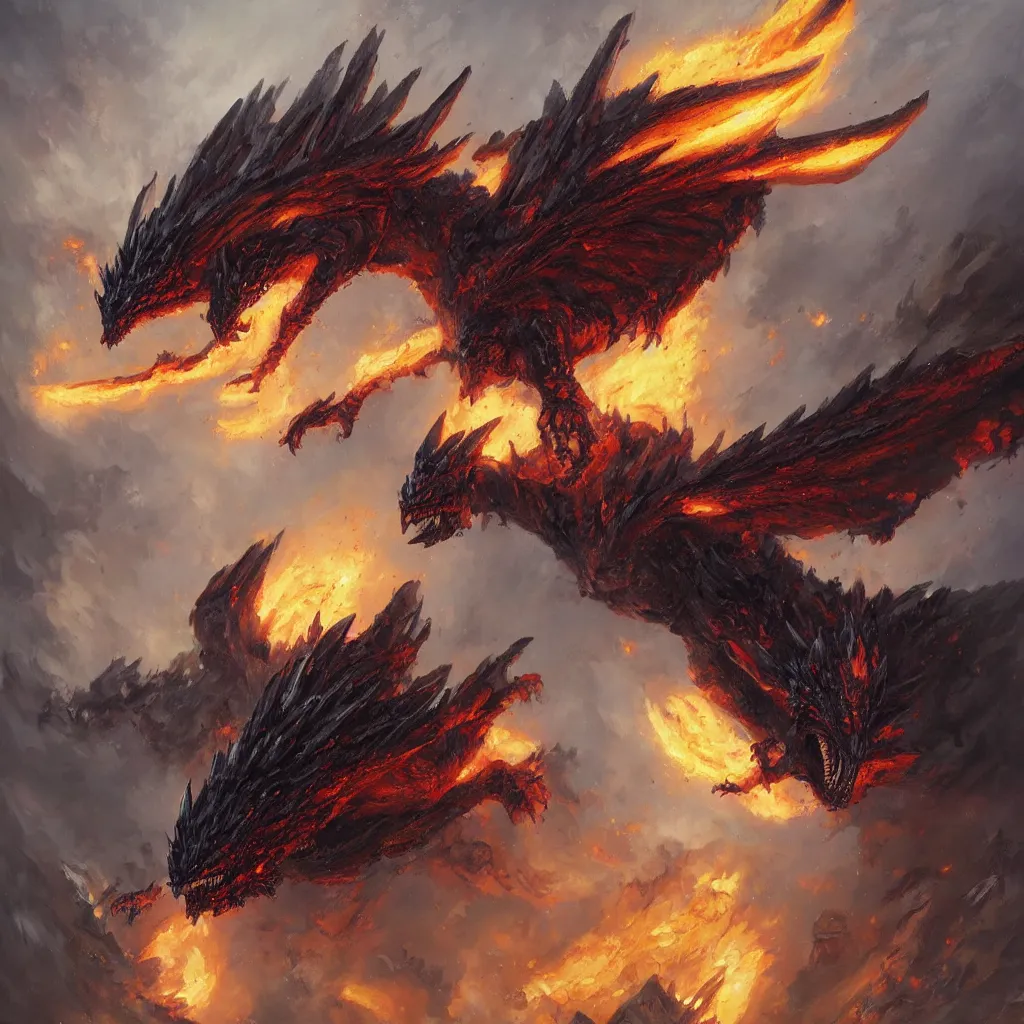 Image similar to oil painting of deathwing dragon flying down on earth by greg rutkowski