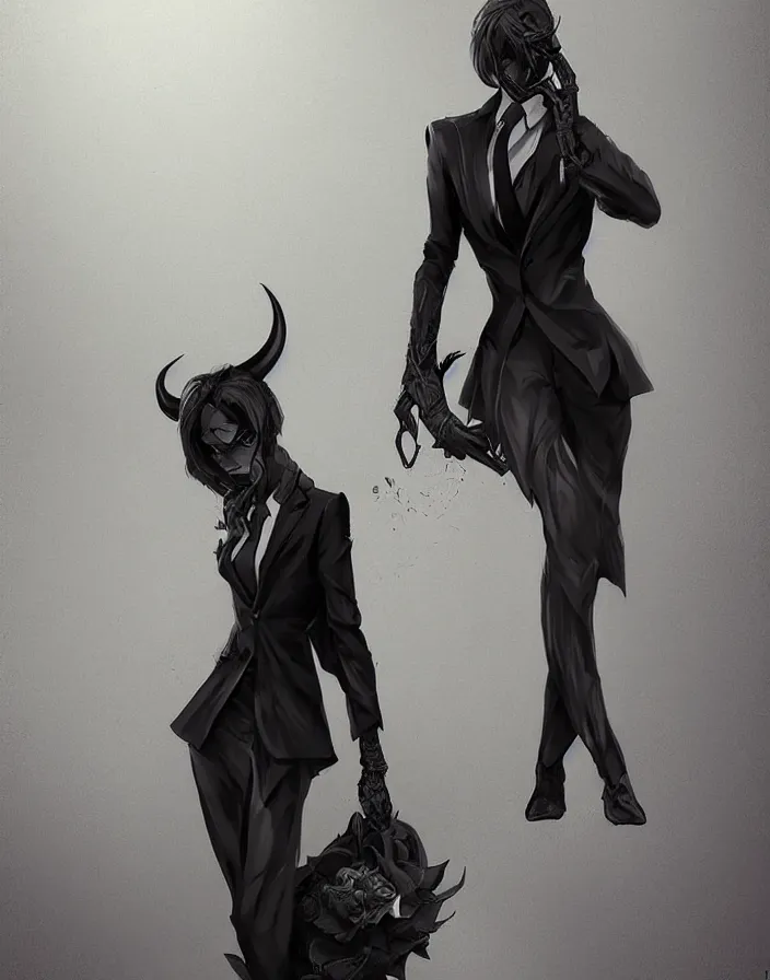 Image similar to an elegant demon waifu dressed in a smart black suit is offering you a contract to sign, digital art by łukasz piskorz and patrick mcenvoy and michael komarck, intricate, highly detailed, artstation, concept art, smooth, sharp focus