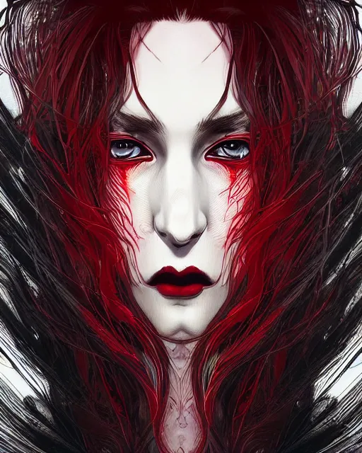 Prompt: brutal close up portrait intense vampire, flowing hair, highly detailed, very intricate, graphical errors, going gpu, art deco, chromatic aberration, harsh lighting, award - winning, unreal engine 5, illustration by mandy jurgens and alphonse mucha and yoji shinkawa, black and red only!!!, featured on artstation