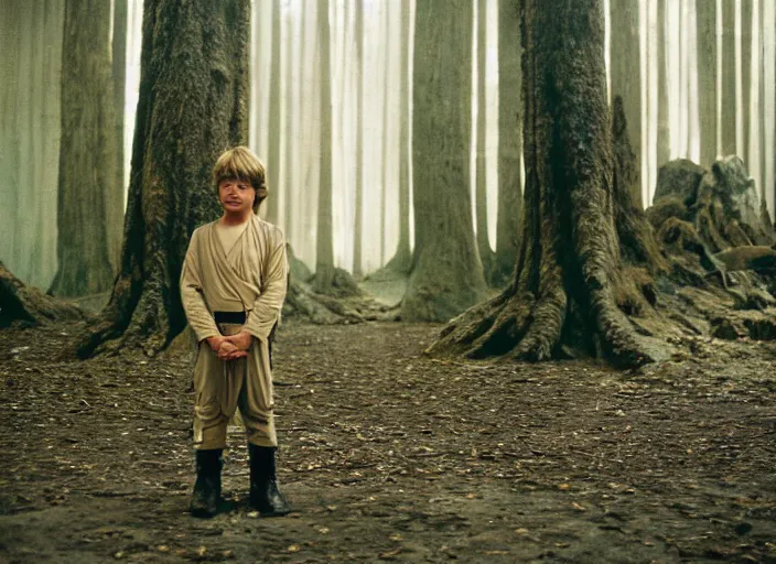 Prompt: luke skywalker at the new jedi temple school jungle. Photographed with Leica Summilux-M 24 mm lens, ISO 100, f/8, Portra 400