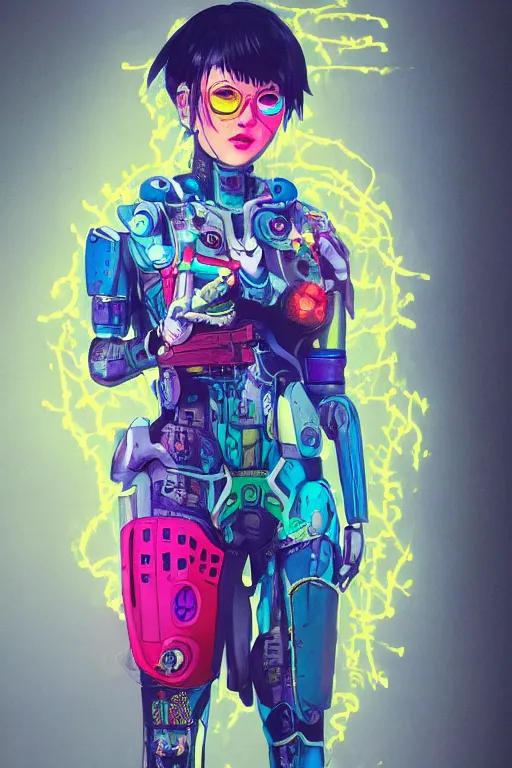 Prompt: a character wearing a diy costume with a lot of details, with fluo colored details, muted colors, ghost in the shell, satoshi con, hyper real painting