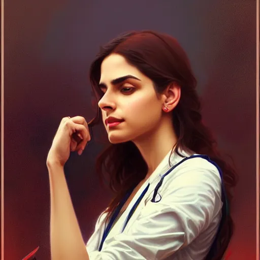 Image similar to Anxious good looking pale young Indian doctors wearing American clothes at the airport, portrait, elegant, intricate, digital painting, artstation, concept art, smooth, sharp focus, illustration, art by artgerm and greg rutkowski and alphonse mucha