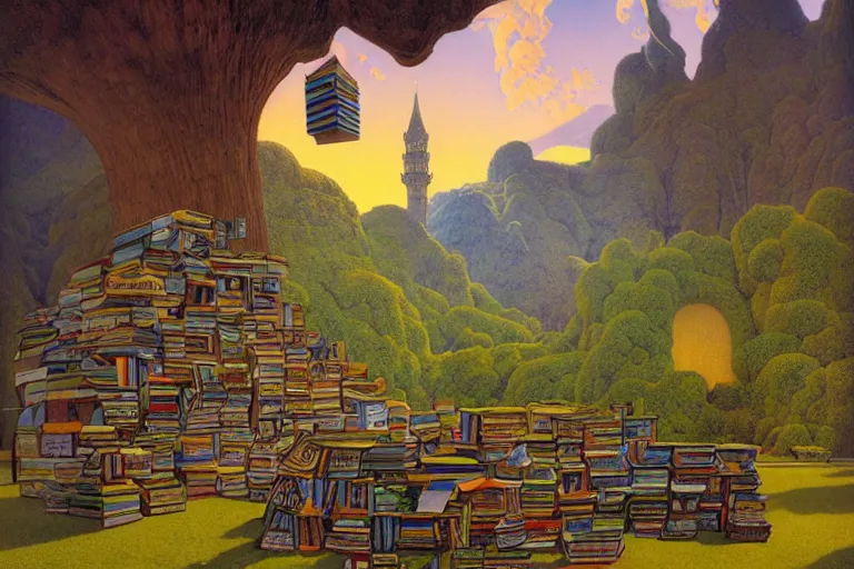 Image similar to a surreal fantasy landscape featuring a castle made of giant books, digital painting by maxfield parrish and michael whelan, photorealistic