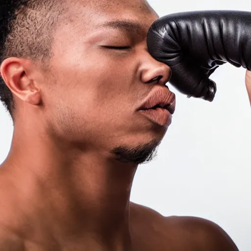 Prompt: close - up picture boxing face punch, sweat drops, slow - motion, studio lightining, flash,