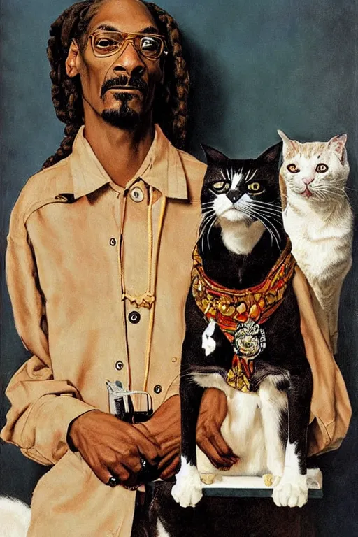 Prompt: snoop dogg and his cats painted by norman rockwell